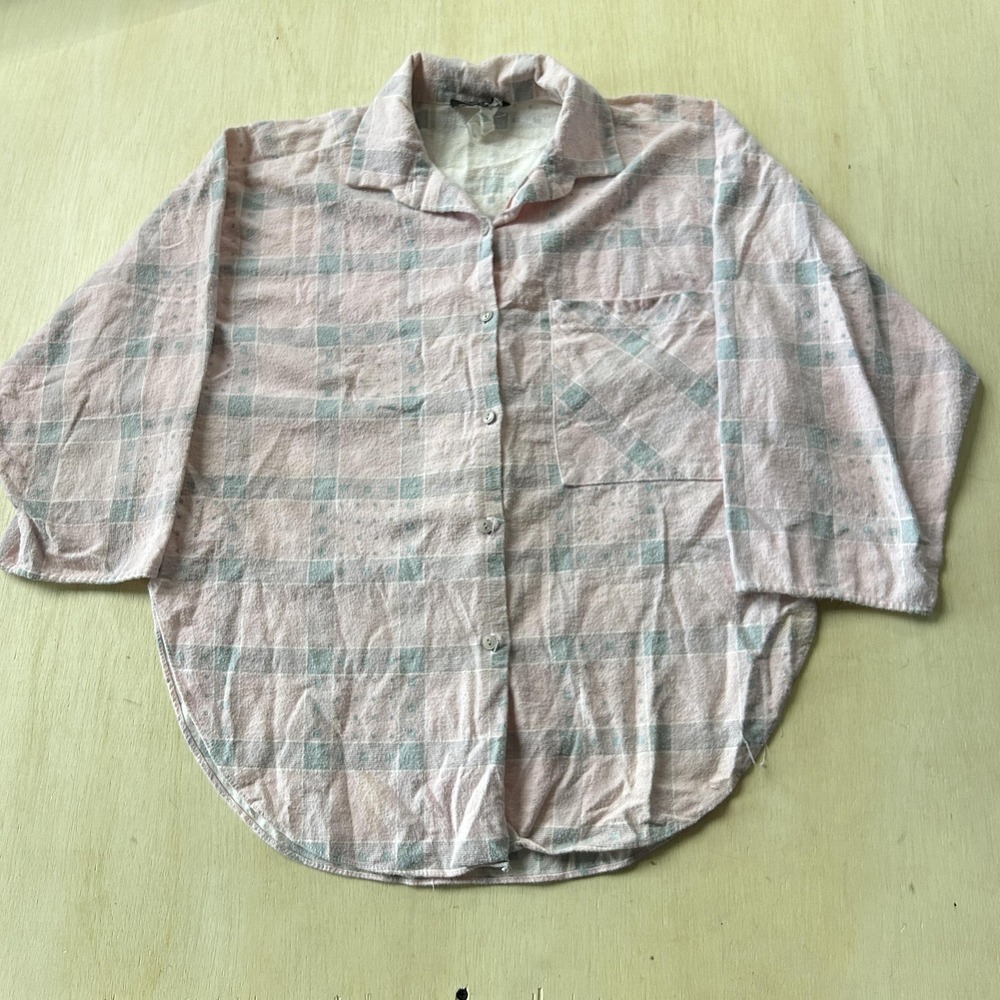 Vintage Sauci Shirt Womens Medium Pink Terry Check Button Front 3/4 Sleeve Top